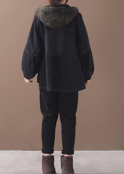 Loose black Fine clothes For Women Sewing two pockets patchwork hooded outwear - SooLinen