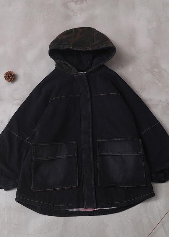 Loose black Fine clothes For Women Sewing two pockets patchwork hooded outwear - SooLinen