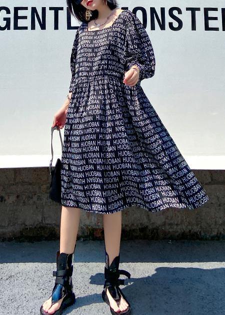 Loose black Letter dresses Square Collar loose summer Dress - SooLinen
