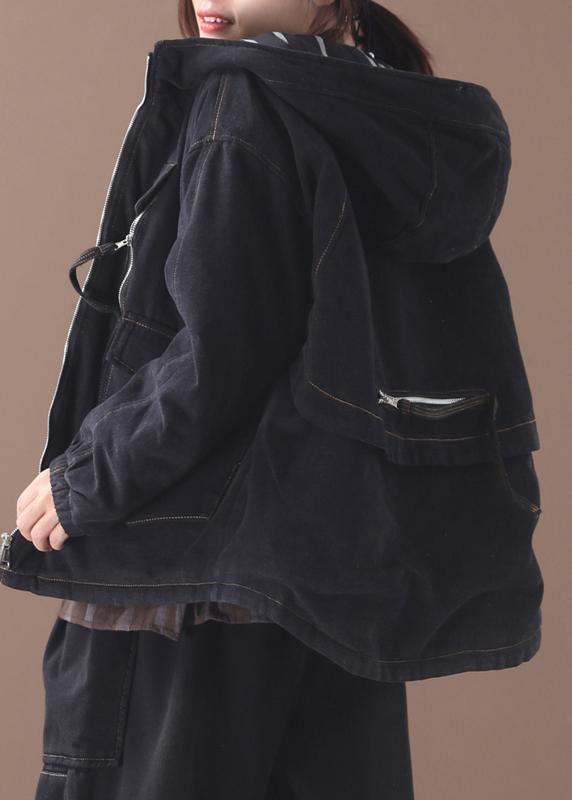 Loose black Plus Size clothes design hooded zippered pockets women coats - SooLinen