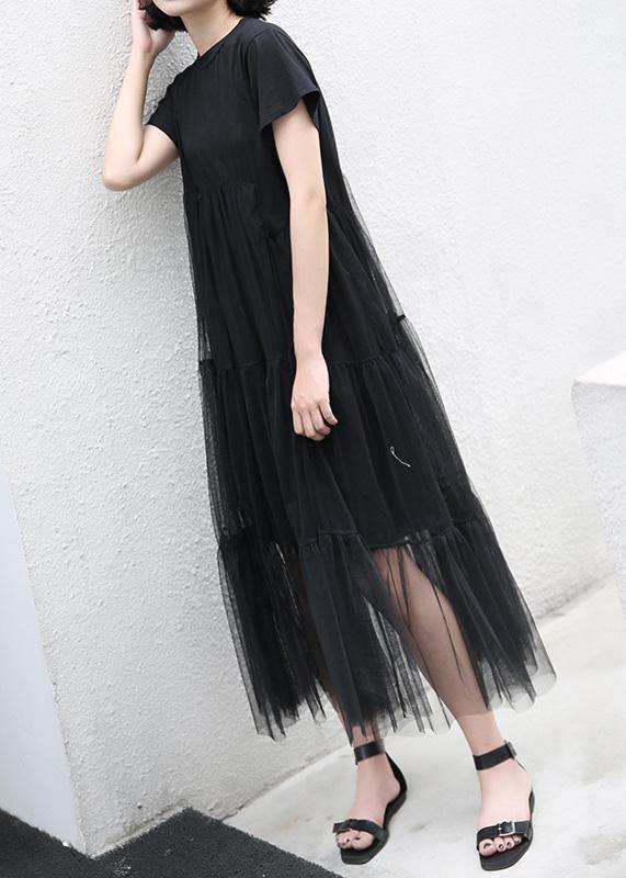 Loose black cotton Tunic Dress asymmetric patchwork A Line summer Dress - SooLinen