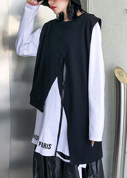 Loose black cotton clothes asymmetric short sleeveless tops - SooLinen