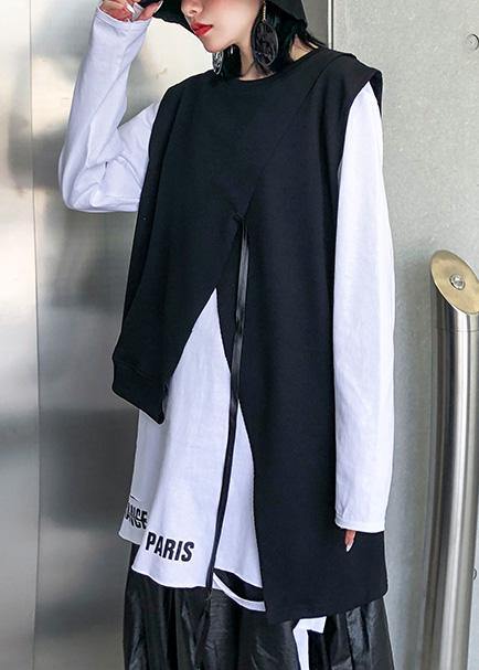 Loose black cotton clothes asymmetric short sleeveless tops - SooLinen