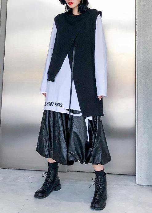 Loose black cotton clothes asymmetric short sleeveless tops - SooLinen