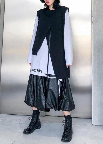 Loose black cotton clothes asymmetric short sleeveless tops - SooLinen