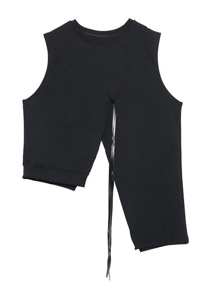 Loose black cotton clothes asymmetric short sleeveless tops - SooLinen