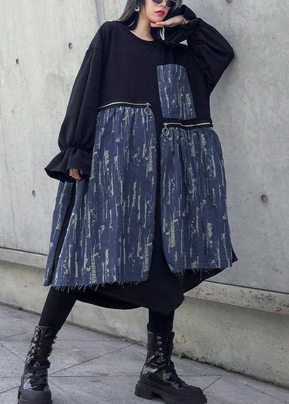 Loose black cotton dresses patchwork thick o neck Maxi Dress - SooLinen