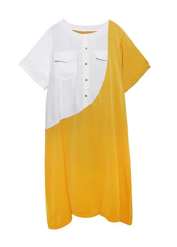 Loose black cotton quilting clothes o neck patchwork robes summer Dresses - SooLinen