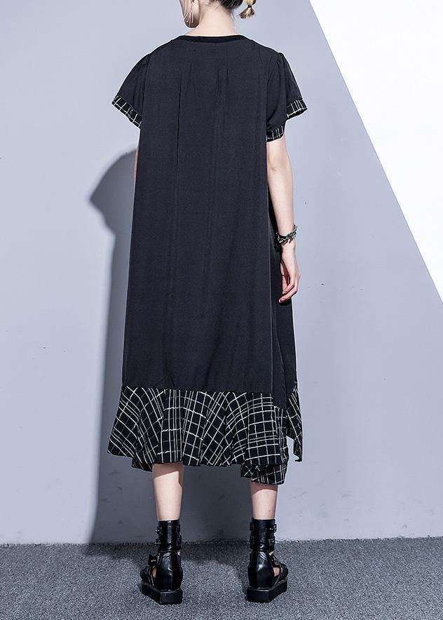 Loose black cotton quilting clothes patchwork plaid hem  summer Dress - SooLinen