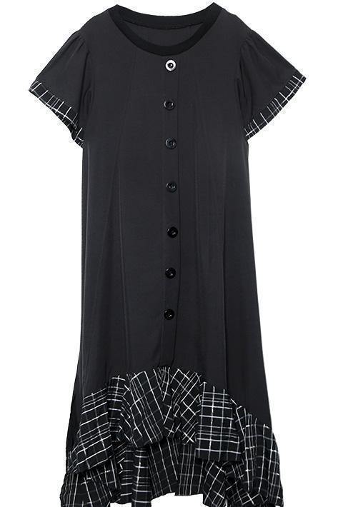 Loose black cotton quilting clothes patchwork plaid hem  summer Dress - SooLinen