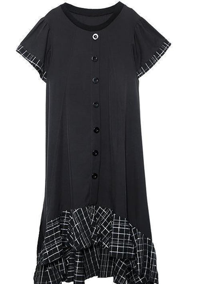 Loose black cotton quilting clothes patchwork plaid hem  summer Dress - SooLinen