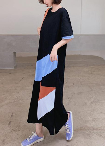 Loose black dress o neck Geometric patchwork Plus Size Dresses - SooLinen