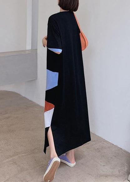 Loose black dress o neck Geometric patchwork Plus Size Dresses - SooLinen