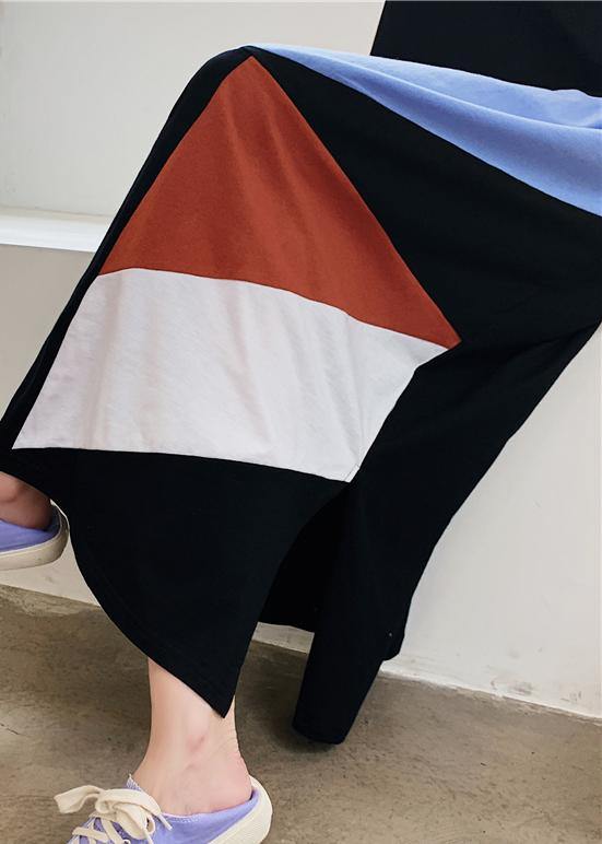 Loose black dress o neck Geometric patchwork Plus Size Dresses - SooLinen