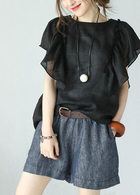 Loose black linen shirts o neck Butterfly Sleeve short summer top - SooLinen