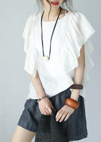 Loose black linen shirts o neck Butterfly Sleeve short summer top - SooLinen