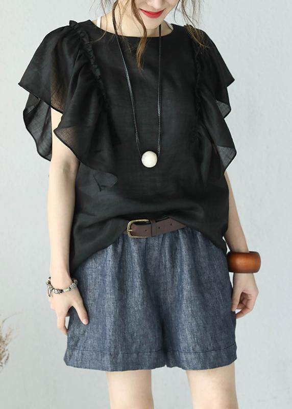 Loose black linen shirts o neck Butterfly Sleeve short summer top - SooLinen