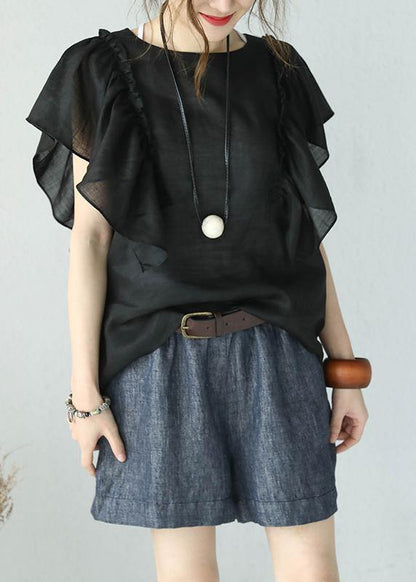 Loose black linen shirts o neck Butterfly Sleeve short summer top - SooLinen