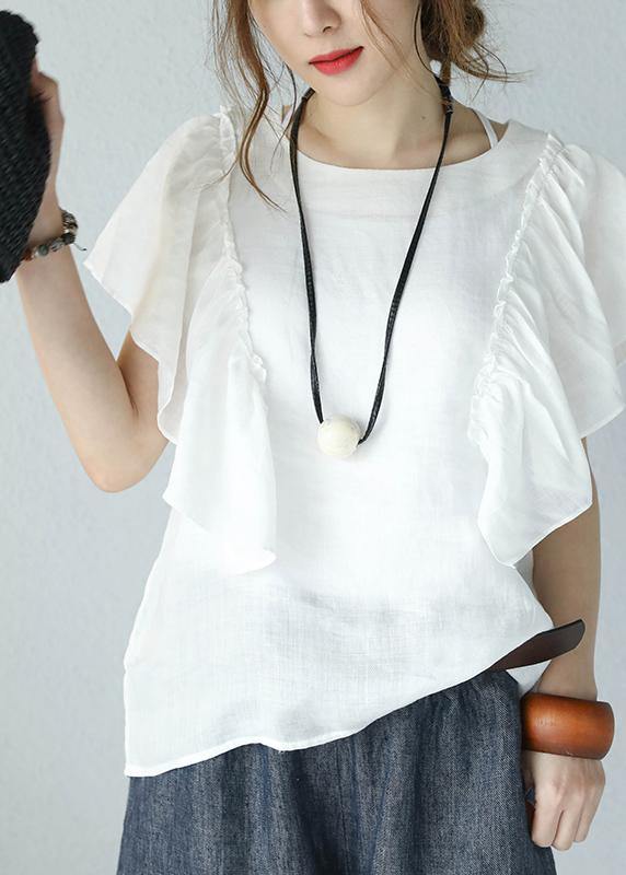 Loose black linen shirts o neck Butterfly Sleeve short summer top - SooLinen