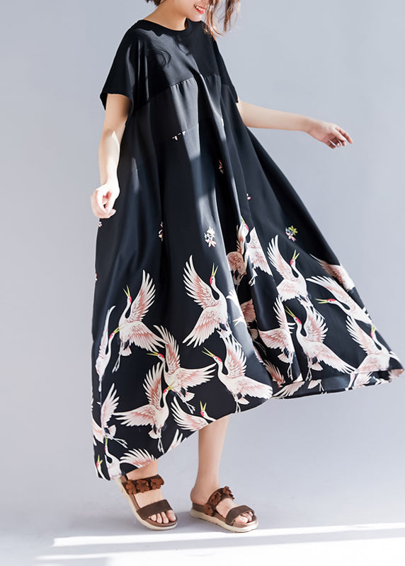 Lockere schwarze Leinenkleidung in Übergröße mit Aufdruck, Rundhalsausschnitt, asymmetrisches langes Sommerkleid