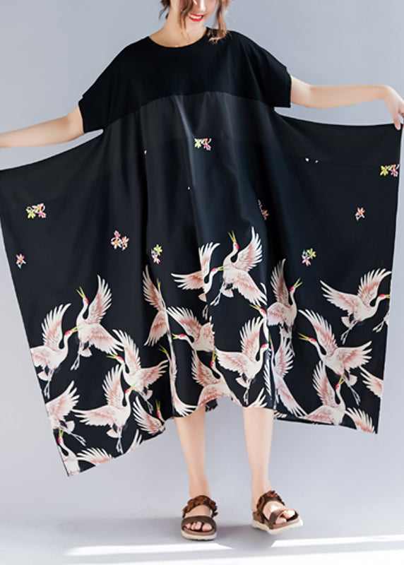 Lockere schwarze Leinenkleidung in Übergröße mit Aufdruck, Rundhalsausschnitt, asymmetrisches langes Sommerkleid