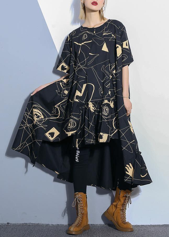 Loose black prints Cotton dresses low high design daily summer Dress - SooLinen