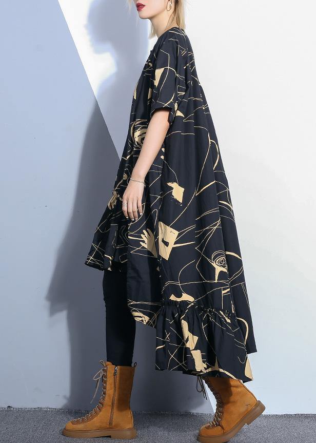 Loose black prints Cotton dresses low high design daily summer Dress - SooLinen