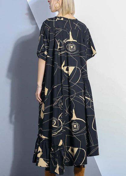 Loose black prints Cotton dresses low high design daily summer Dress - SooLinen