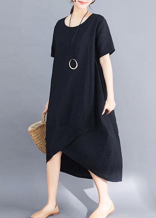 Loose black short sleeve cotton clothes asymmetric patchwork summer Dresses - SooLinen