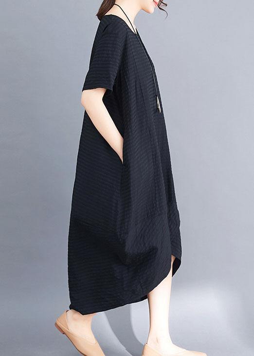 Loose black short sleeve cotton clothes asymmetric patchwork summer Dresses - SooLinen