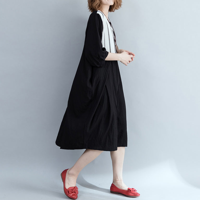 Lose schwarz gestreifte Baumwollkleidung Damenmode Outfits Patchwork Plus Size Kleid