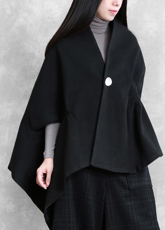 Loose black wool Blouse v neck short asymmetric shirt - SooLinen