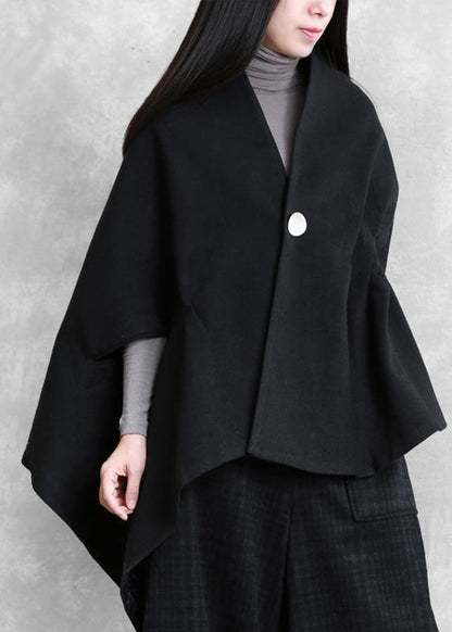 Loose black wool Blouse v neck short asymmetric shirt - SooLinen