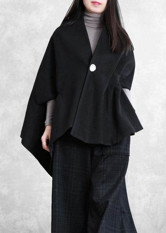 Loose black wool Blouse v neck short asymmetric shirt - SooLinen