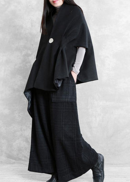 Loose black wool Blouse v neck short asymmetric shirt - SooLinen