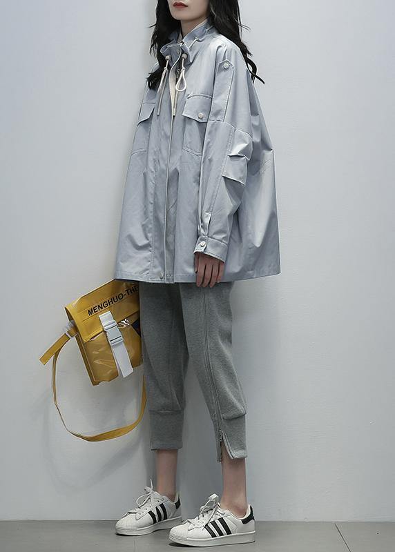 Loose blue Fine outwear Sewing stand collar drawstring outwears - SooLinen