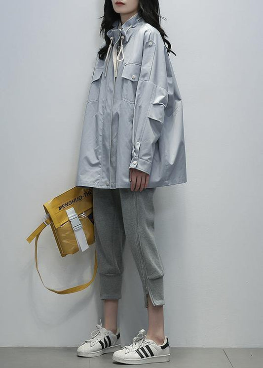 Loose blue Fine outwear Sewing stand collar drawstring outwears - SooLinen