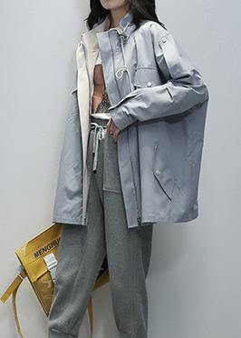 Loose blue Fine outwear Sewing stand collar drawstring outwears - SooLinen