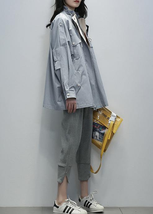 Loose blue Fine outwear Sewing stand collar drawstring outwears - SooLinen