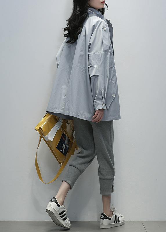 Loose blue Fine outwear Sewing stand collar drawstring outwears - SooLinen