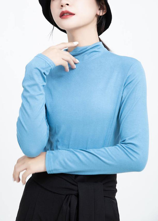 Loose blue cotton crane tops elastic oversized high neck shirts - SooLinen