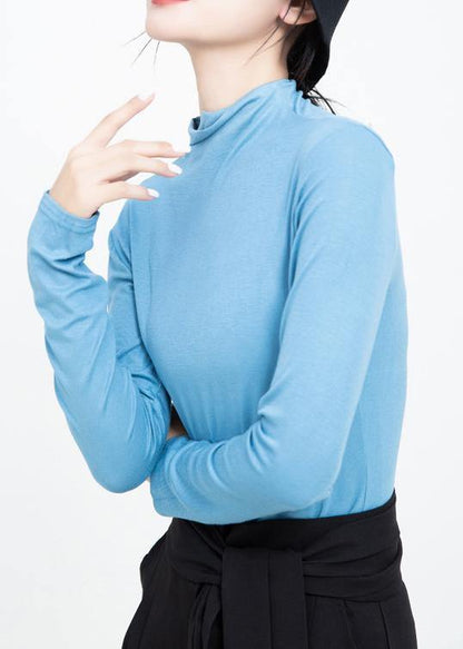 Loose blue cotton crane tops elastic oversized high neck shirts - SooLinen