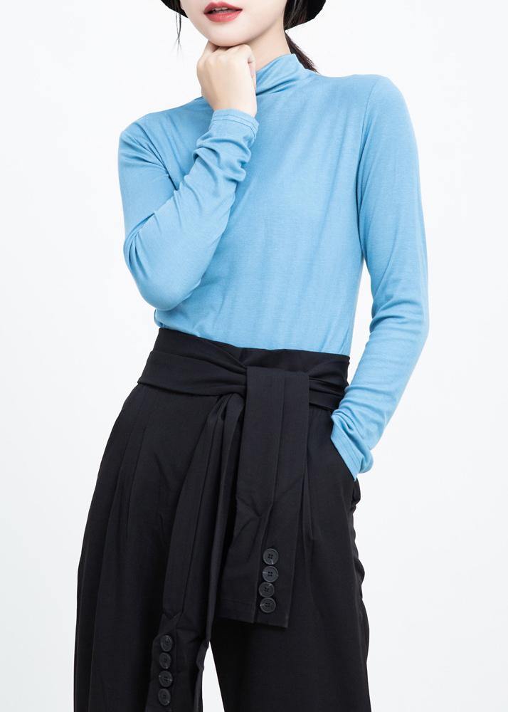 Loose blue cotton crane tops elastic oversized high neck shirts - SooLinen