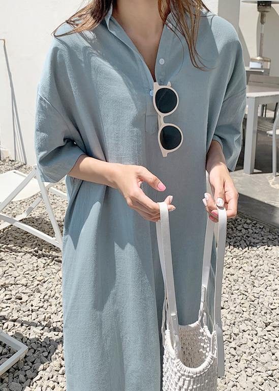 Loose blue cotton linen Robes v neck side open long Dresses - SooLinen