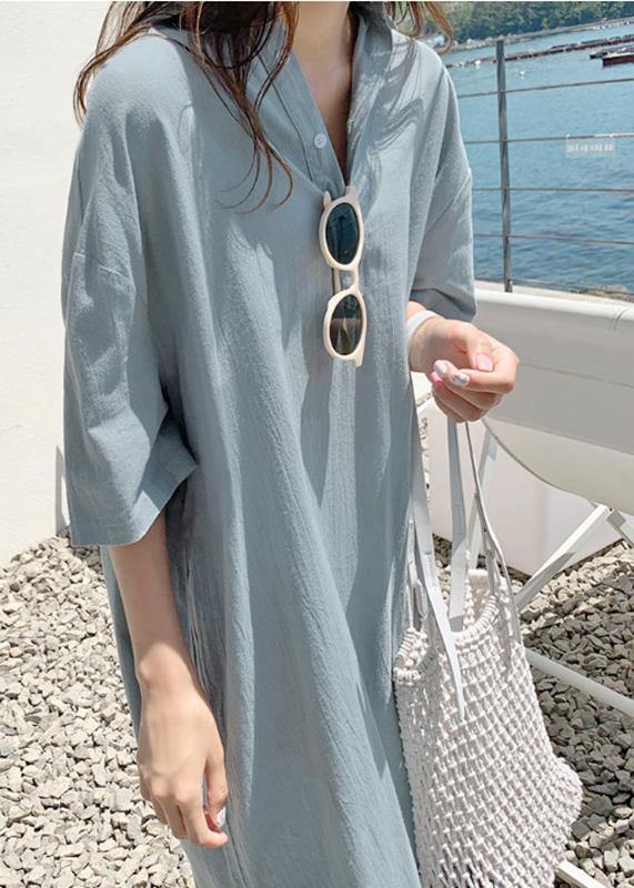 Loose blue cotton linen Robes v neck side open long Dresses - SooLinen
