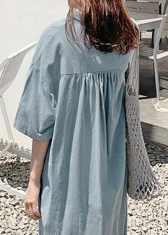 Loose blue cotton linen Robes v neck side open long Dresses - SooLinen