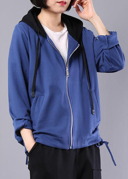Loose blue cotton linen tops women hooded oversized autumn short coat - SooLinen