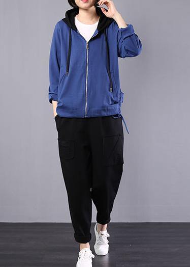 Loose blue cotton linen tops women hooded oversized autumn short coat - SooLinen
