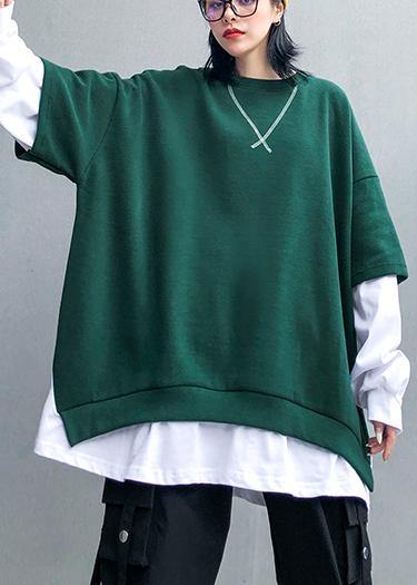 Loose blue linen cotton Tunic Shape Batwing Sleeve false two pieces fall top - SooLinen