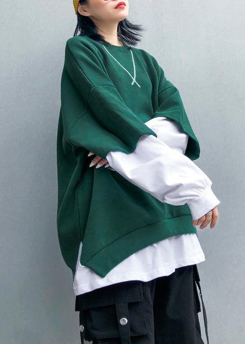 Loose blue linen cotton Tunic Shape Batwing Sleeve false two pieces fall top - SooLinen